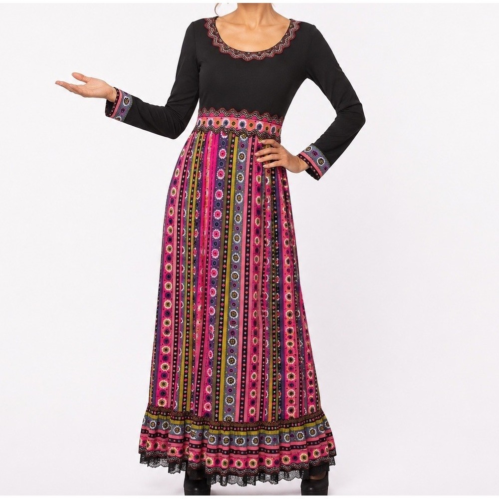 VTG 70s Sandine Originals NY Boho Maxi Dress Sz 13 Psychedelic Floral Empire USA
